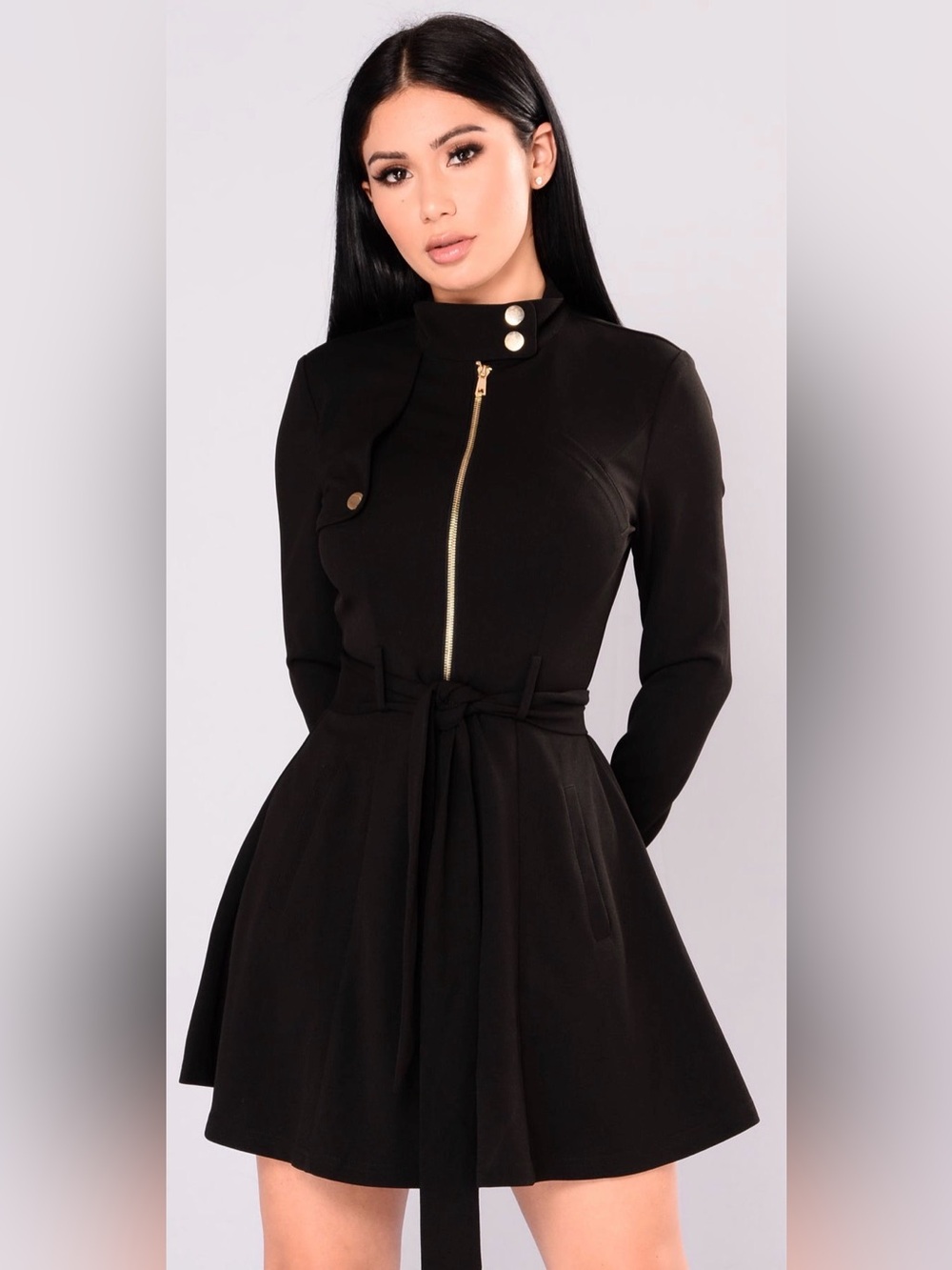Fashion Nova Black Trench Coat Dress with Gold Zip Detail